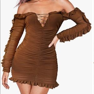 Deep V Neck Off Shoulder Mesh Pleated Dress